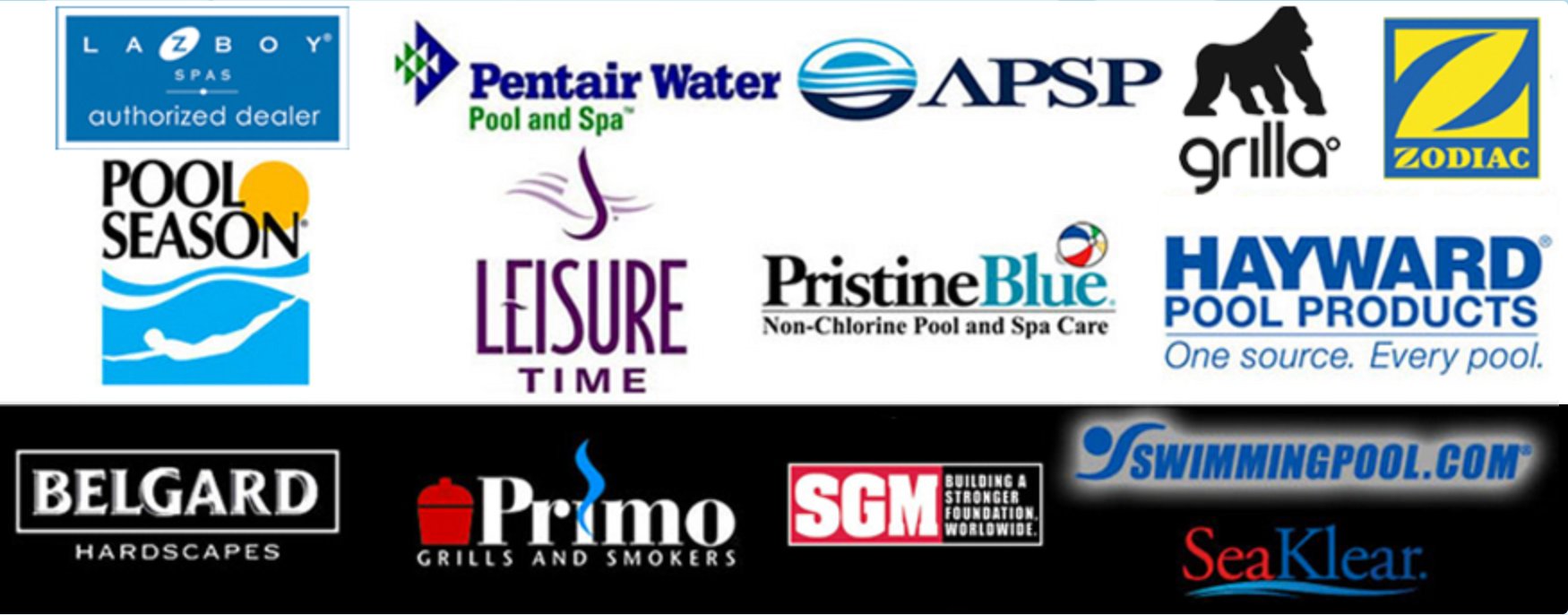 Pool and spa brands sold at Swimming Pool Services, including Pentair, Hayward, and Zodiac